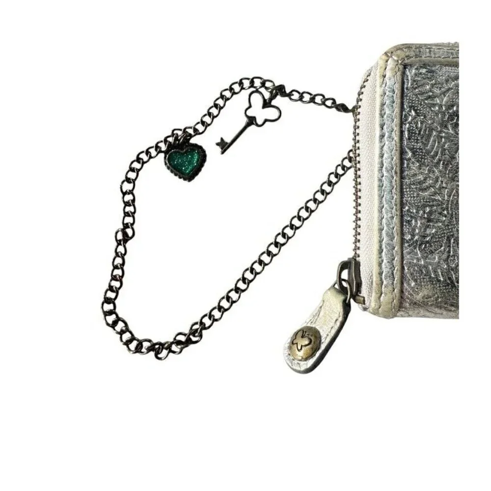 Anna Sui Silver Floral Long Wallet with Accent Chain and Gold Butterfly Emblem